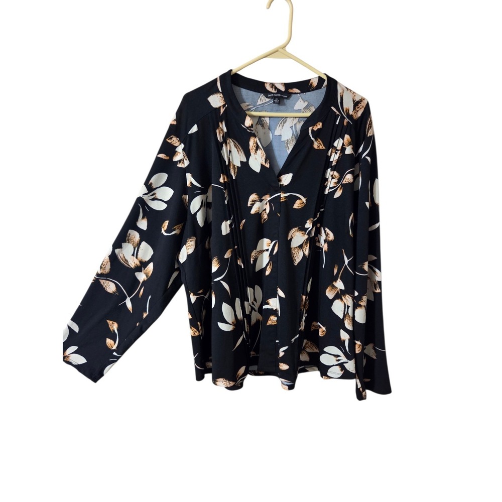 Zac & Rachel Black Brown Floral Long Sleeve V-Neck Pintuck Stretch Top 2X